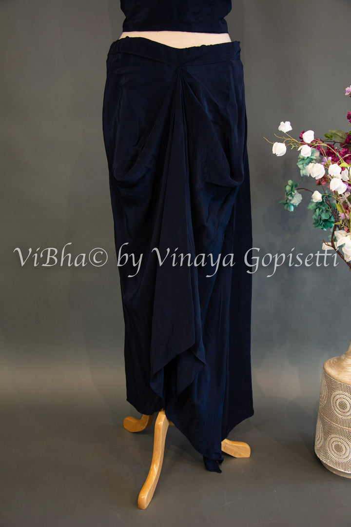 Navy Blue Cowl Skirt With Sleeveless Top And Detachable Embroidered Cape