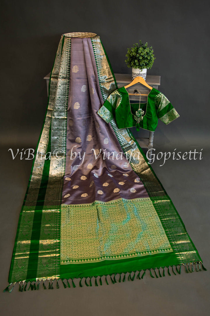 Gray and Green Combination Venkatagiri Silk Saree And Blouse