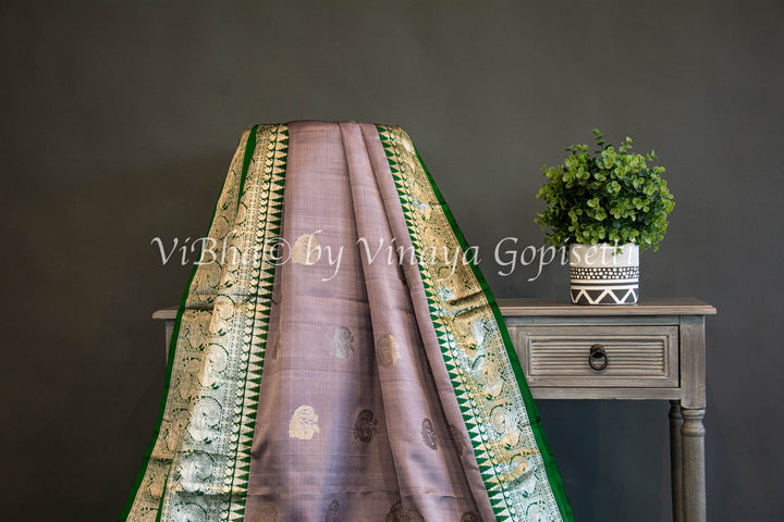 Gray and Green Combination Venkatagiri Silk Saree And Blouse