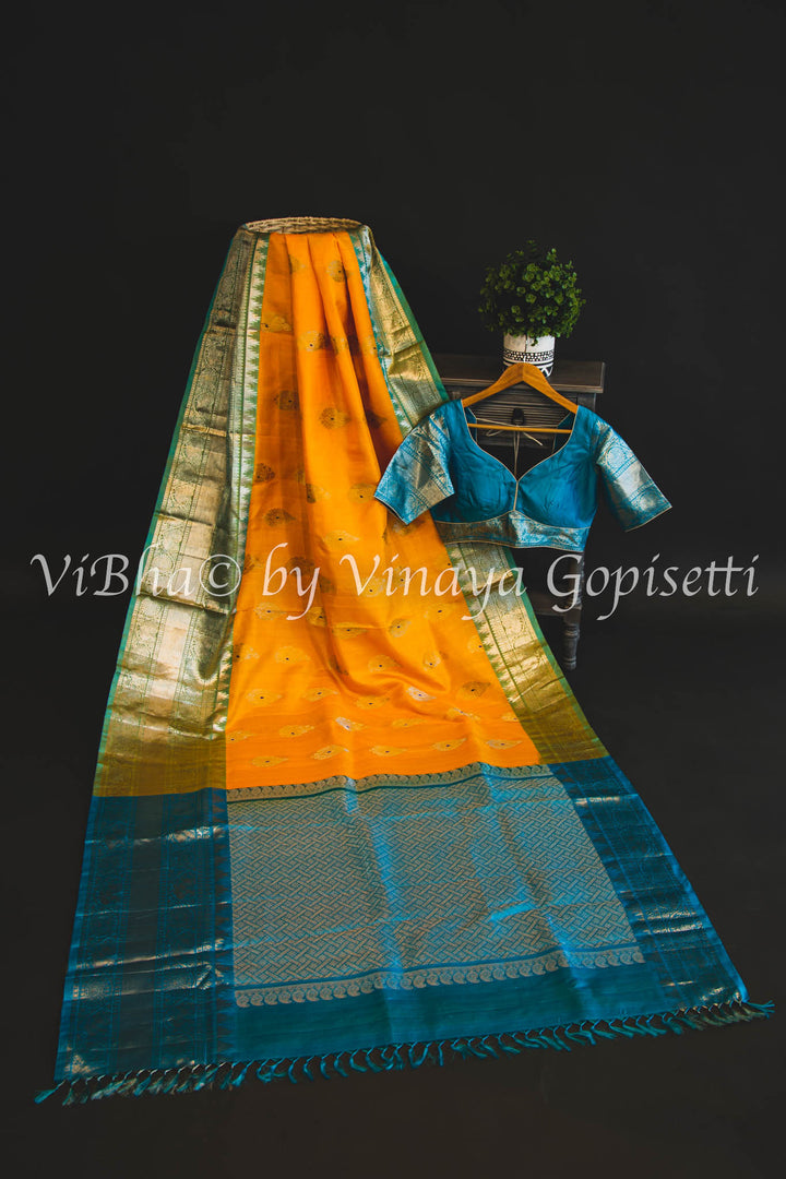 Yellow And Blue Venkatagiri Silk Saree And Blouse