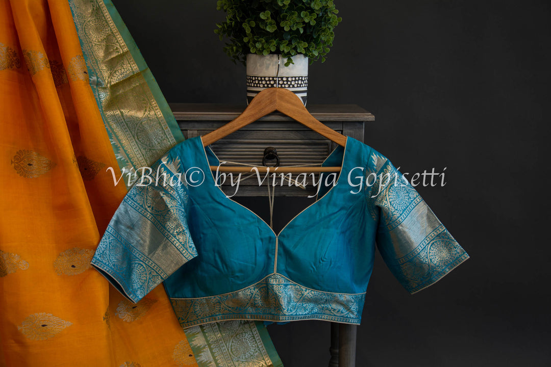 Yellow And Blue Venkatagiri Silk Saree And Blouse