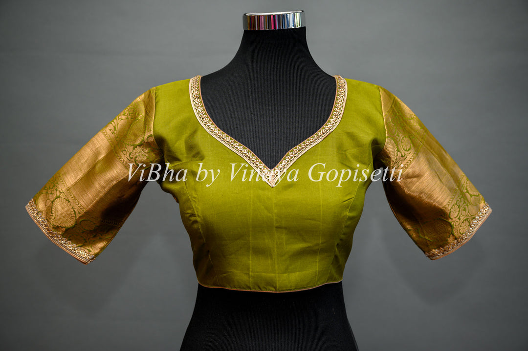 Olive Green Copper Zari Kanchi Silk Saree And Blouse