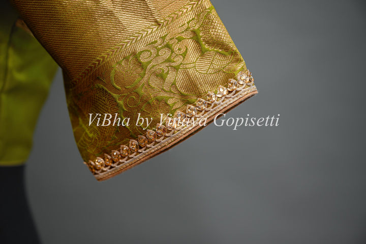 Olive Green Copper Zari Kanchi Silk Saree And Blouse