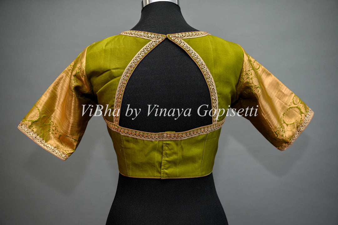 Olive Green Copper Zari Kanchi Silk Saree And Blouse