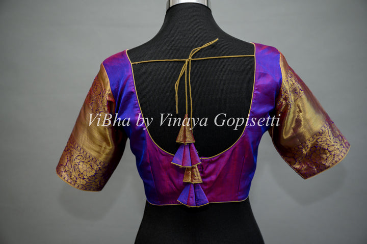 Coral and Purple Kanchi All Over Design Silk Saree And Blouse