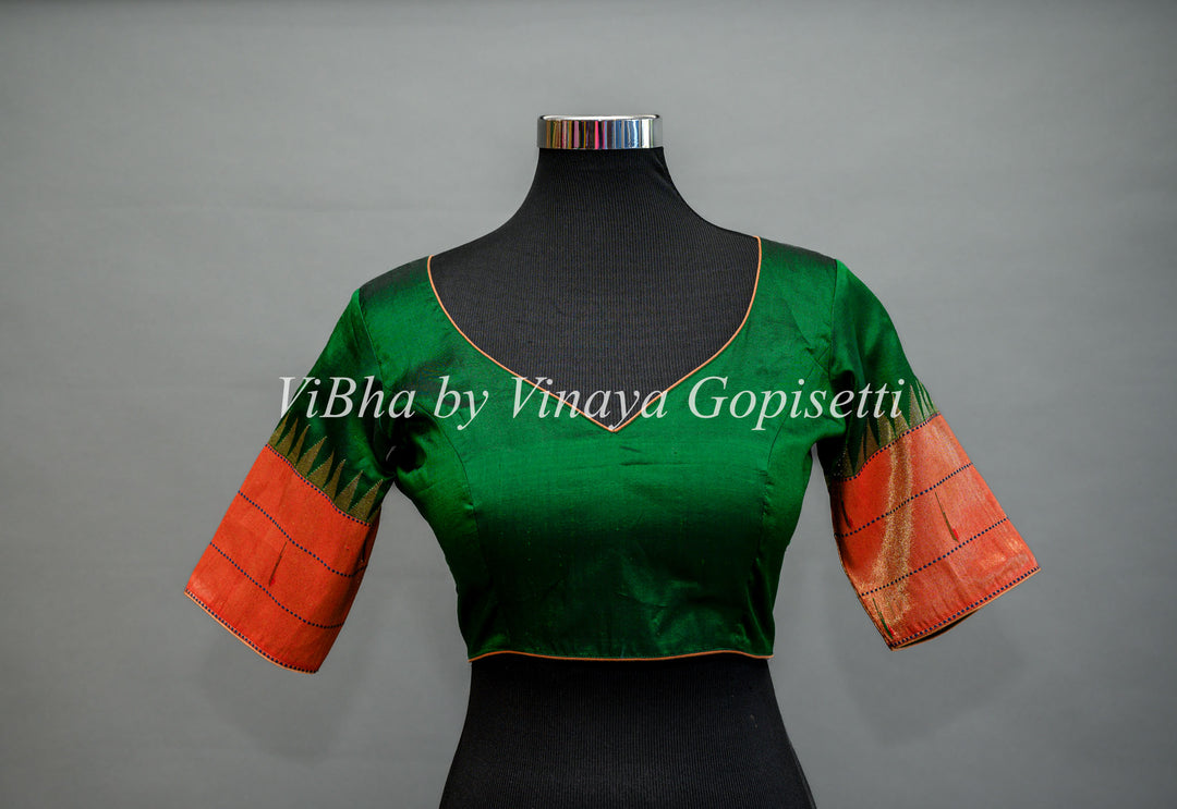 Green Paithani Silk Saree And Blouse with Triple Muniya Borders And Pallu