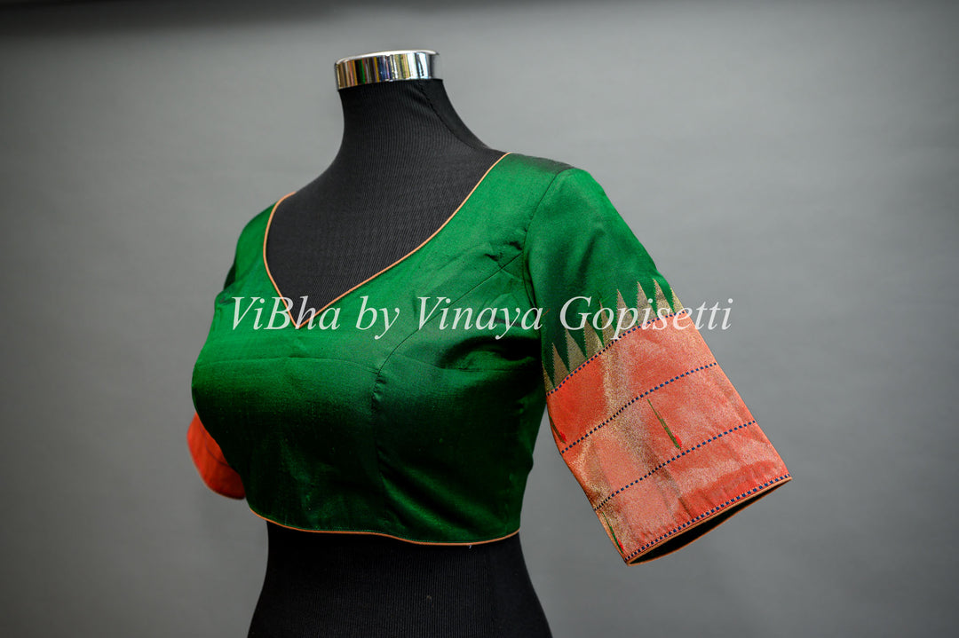 Green Paithani Silk Saree And Blouse with Triple Muniya Borders And Pallu