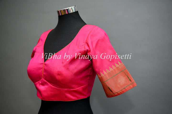 Rani Pink Paithani Silk Saree And Blouse With Single Muniya Border and Mor Pallu