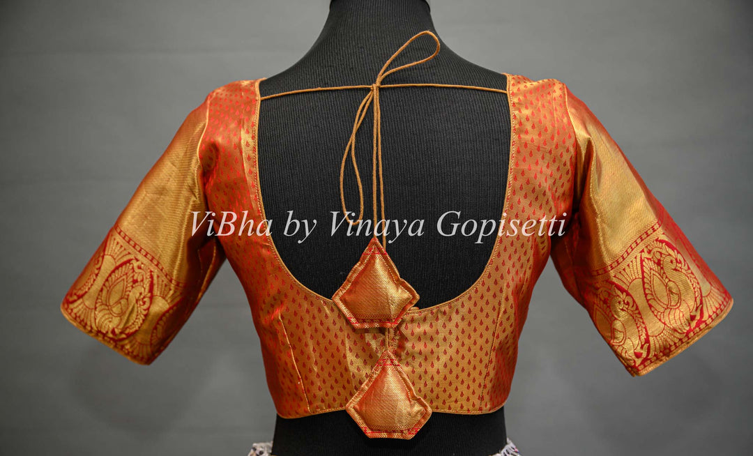 Gold Tissue And Red Borders Kanchi Silk Saree And Blouse