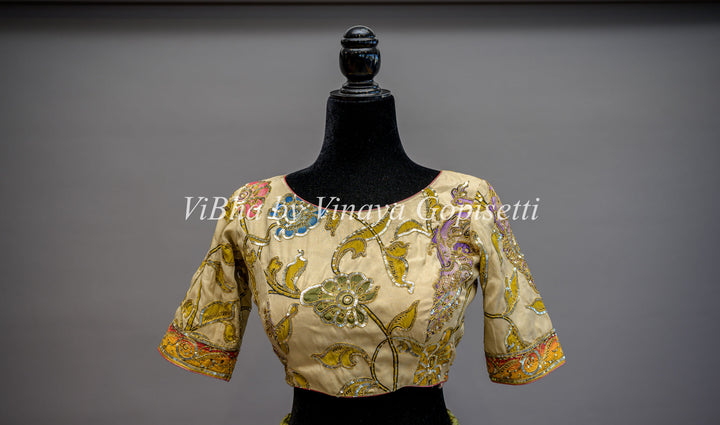 Pen Kalamkari Hand Embroidered Boat Neck Blouse