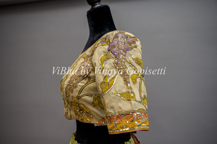 Pen Kalamkari Hand Embroidered Boat Neck Blouse