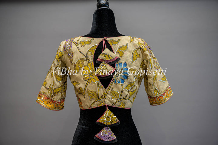 Pen Kalamkari Hand Embroidered Boat Neck Blouse