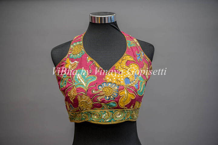 Pen Kalamkari Hand Embroidered Halter Neck Blouse