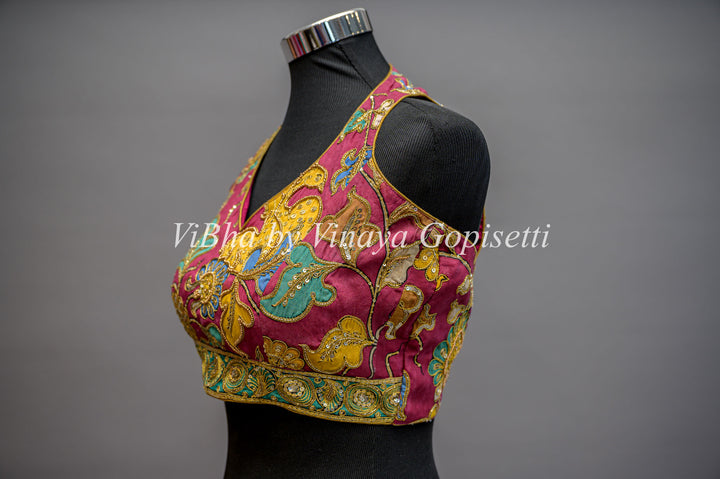 Pen Kalamkari Hand Embroidered Halter Neck Blouse