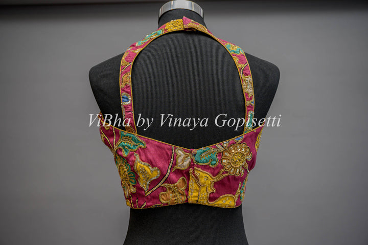 Pen Kalamkari Hand Embroidered Halter Neck Blouse