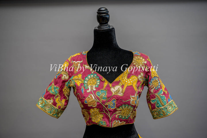 Pen Kalamkari Hand Embroidered Sweatheart Neckline Blouse