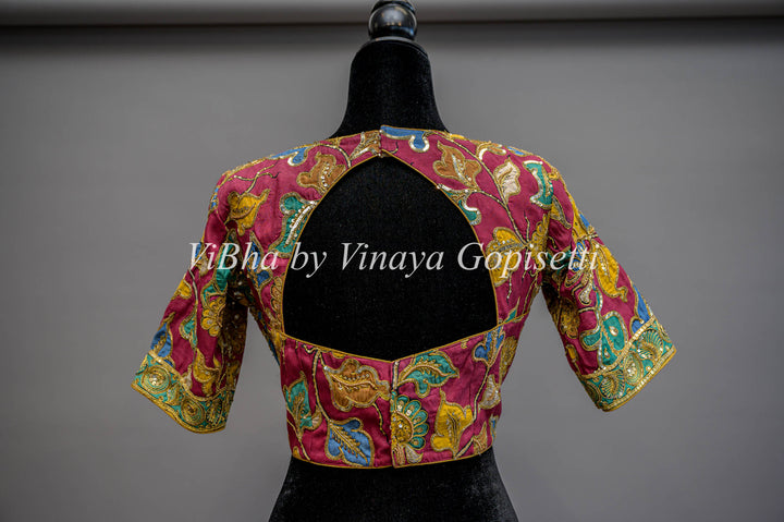 Pen Kalamkari Hand Embroidered Sweatheart Neckline Blouse