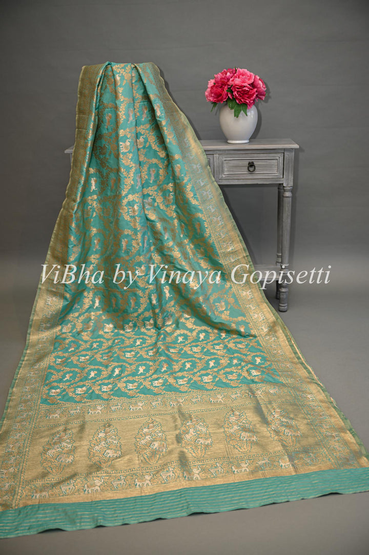 Aqua Banarasi Katan Silk Saree And Blouse