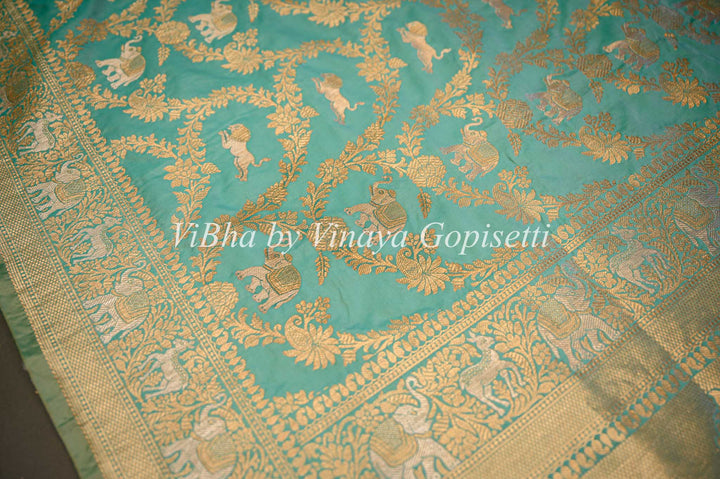 Aqua Banarasi Katan Silk Saree And Blouse