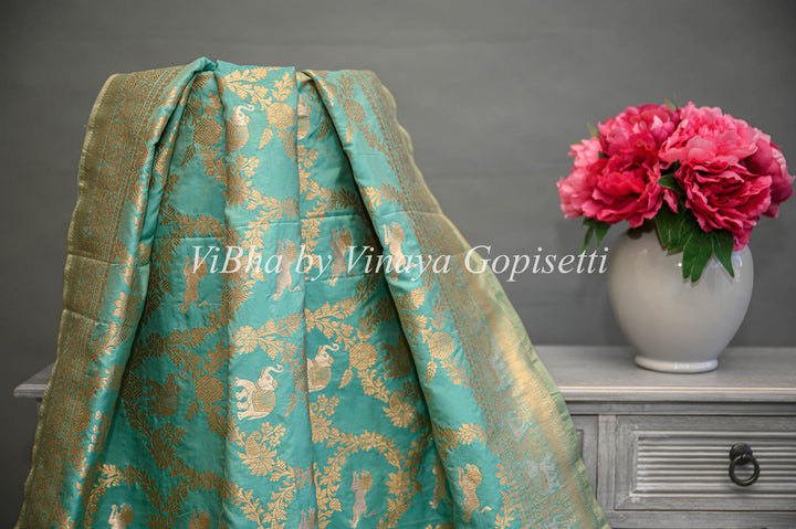 Aqua Banarasi Katan Silk Saree And Blouse