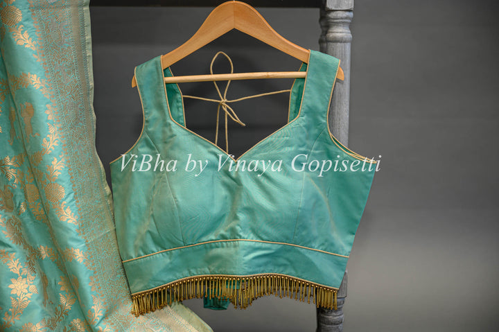 Aqua Banarasi Katan Silk Saree And Blouse