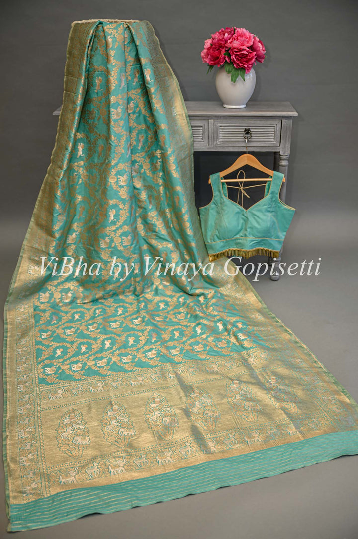 Aqua Banarasi Katan Silk Saree And Blouse