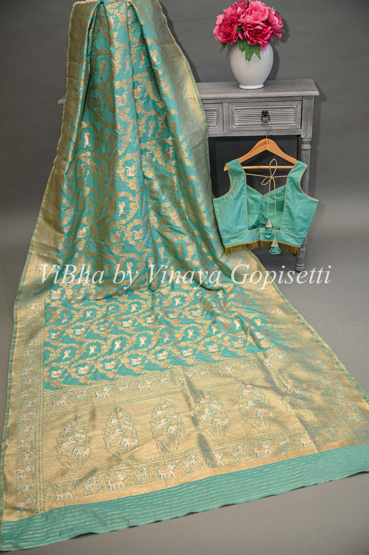 Aqua Banarasi Katan Silk Saree And Blouse