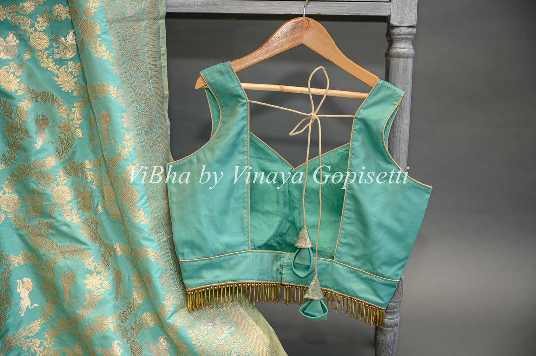 Aqua Banarasi Katan Silk Saree And Blouse