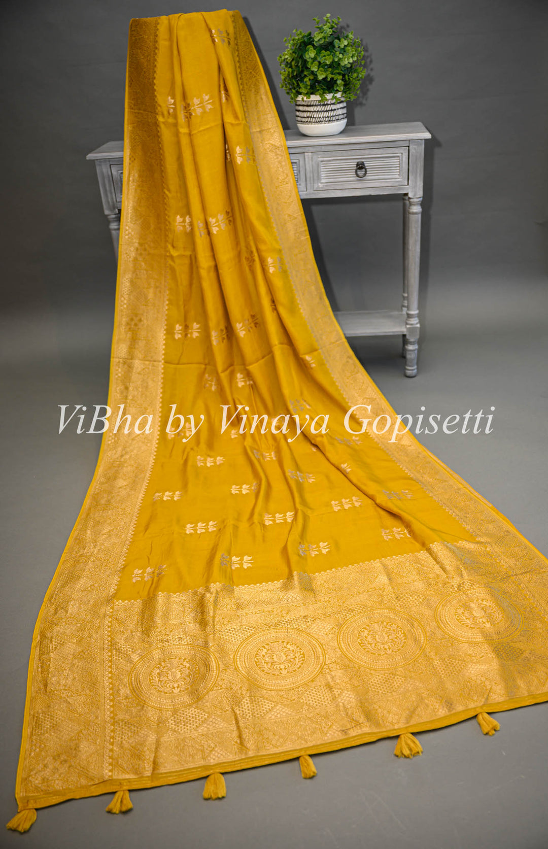 Yellow Banarasi Silk Saree With Flower Motifs And Blouse