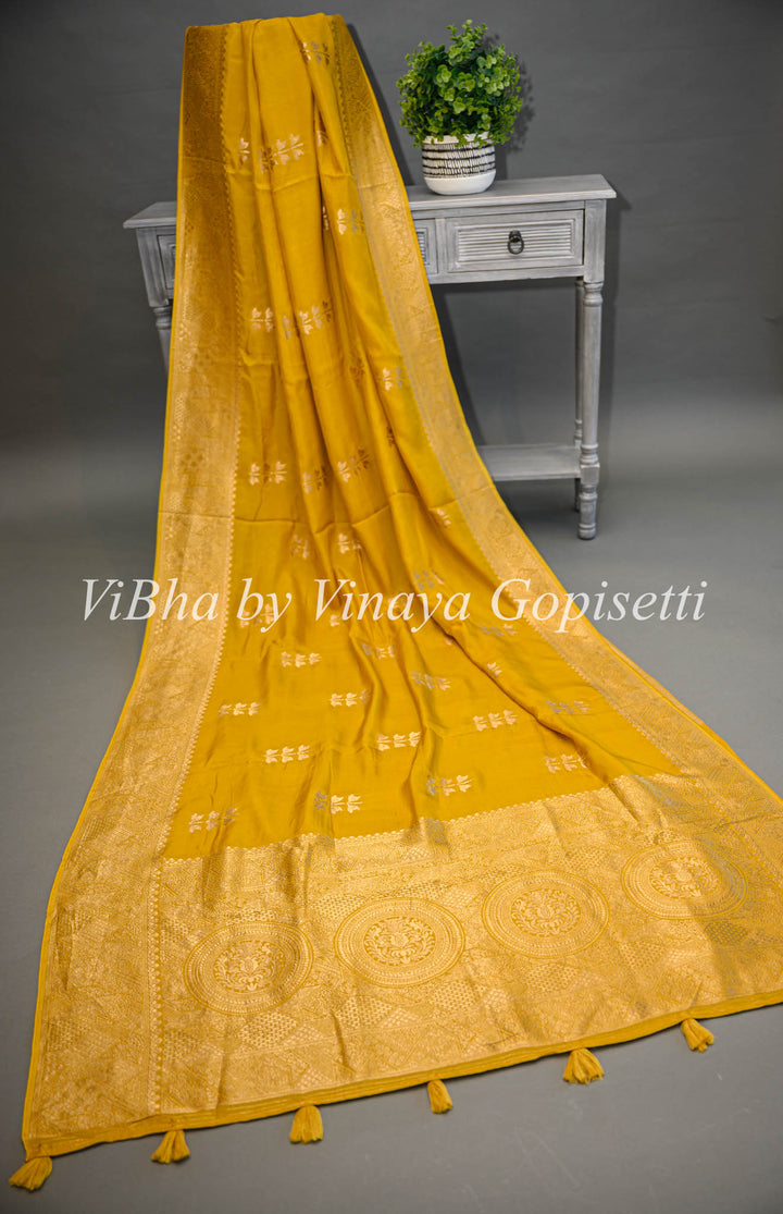 Yellow Banarasi Silk Saree With Flower Motifs And Blouse