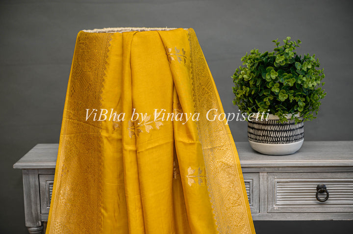 Yellow Banarasi Silk Saree With Flower Motifs And Blouse