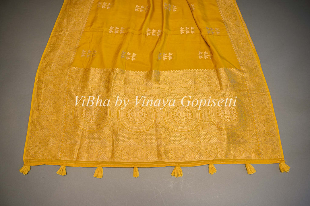 Yellow Banarasi Silk Saree With Flower Motifs And Blouse