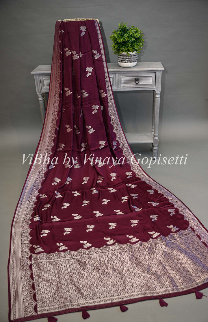 Dark Wine Banarasi Silk Saree And Blouse With Silver Zari Motifs and Borders