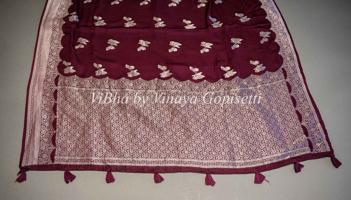 Dark Wine Banarasi Silk Saree And Blouse With Silver Zari Motifs and Borders