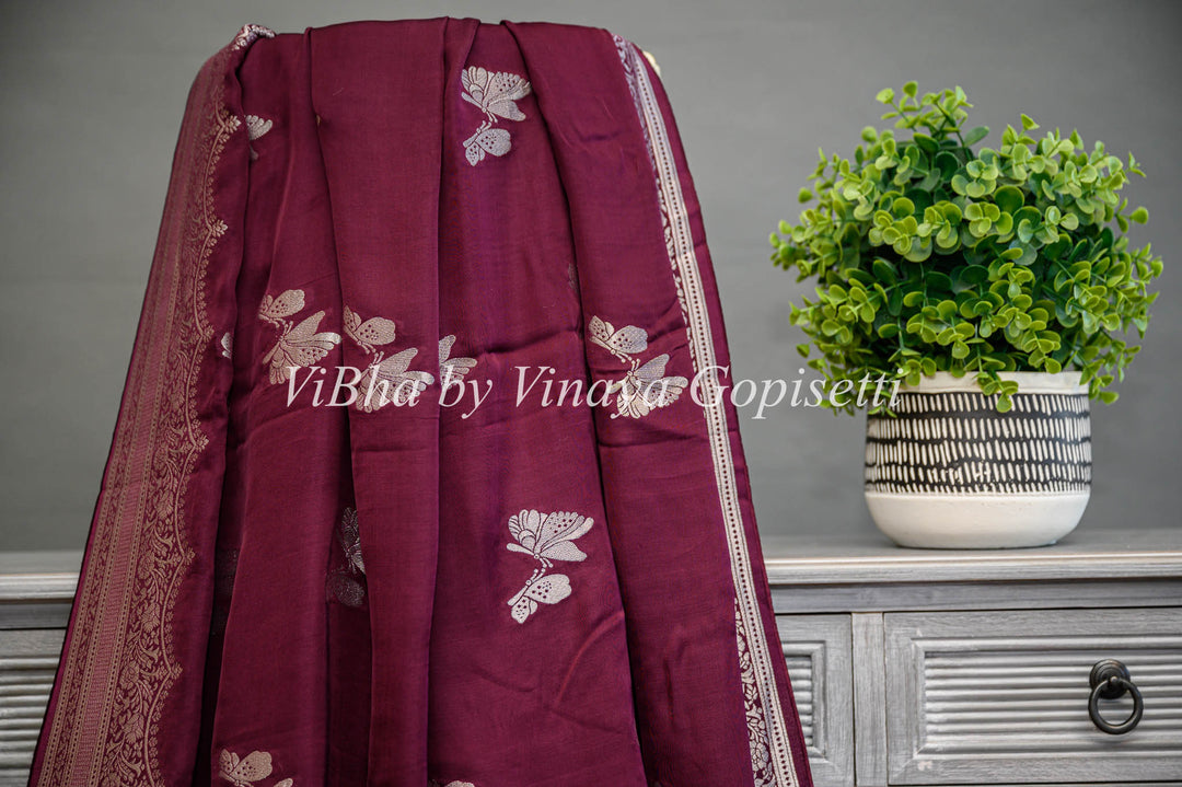 Dark Wine Banarasi Silk Saree And Blouse With Silver Zari Motifs and Borders