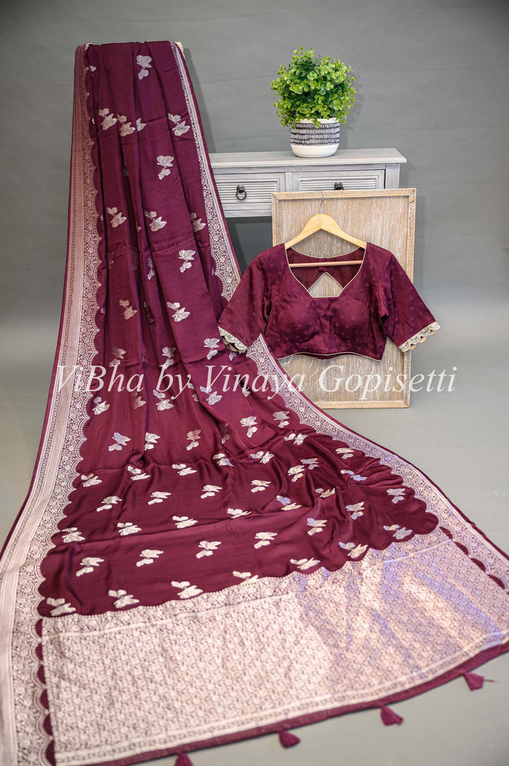 Dark Wine Banarasi Silk Saree And Blouse With Silver Zari Motifs and Borders