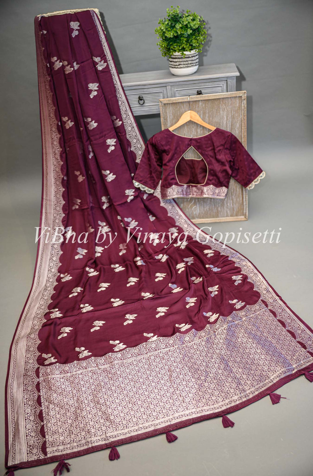 Dark Wine Banarasi Silk Saree And Blouse With Silver Zari Motifs and Borders