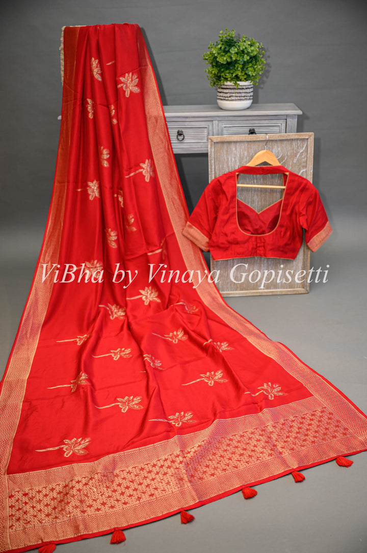 Red Banarasi Silk Saree With Flower Motifs