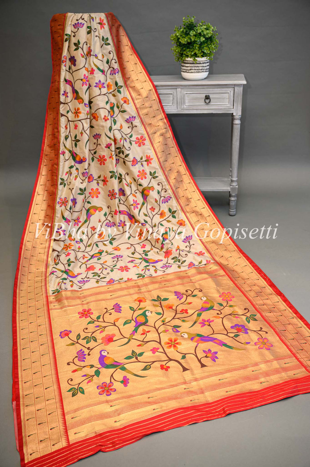 Off White Banarasi Katan Silk Saree And Blouse With All Over Paithani And Triple Muniya Borders