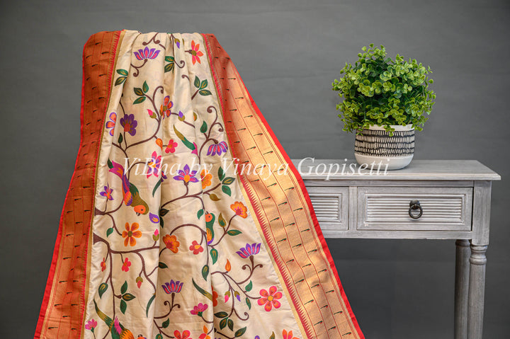 Off White Banarasi Katan Silk Saree And Blouse With All Over Paithani And Triple Muniya Borders