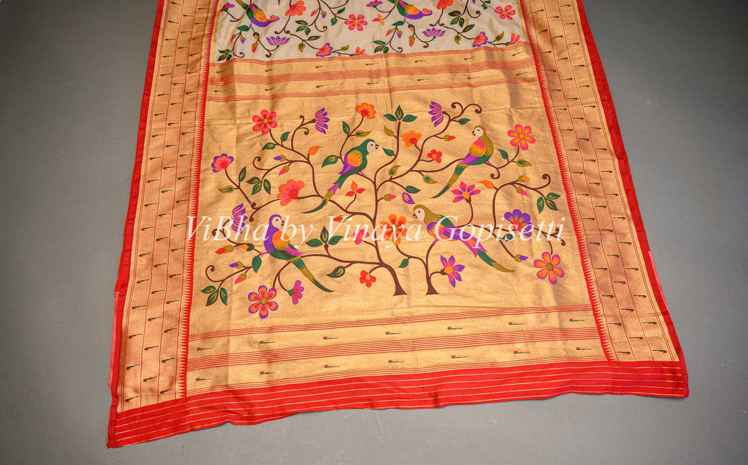 Off White Banarasi Katan Silk Saree And Blouse With All Over Paithani And Triple Muniya Borders