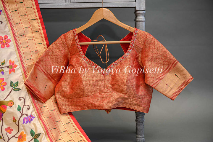 Off White Banarasi Katan Silk Saree And Blouse With All Over Paithani And Triple Muniya Borders