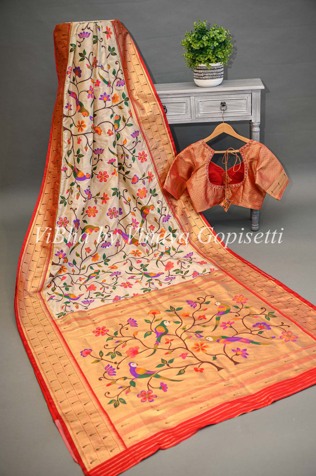 Off White Banarasi Katan Silk Saree And Blouse With All Over Paithani And Triple Muniya Borders