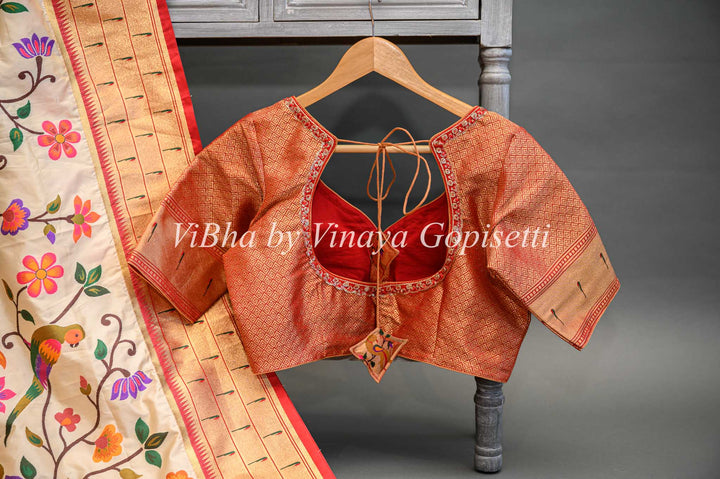 Off White Banarasi Katan Silk Saree And Blouse With All Over Paithani And Triple Muniya Borders