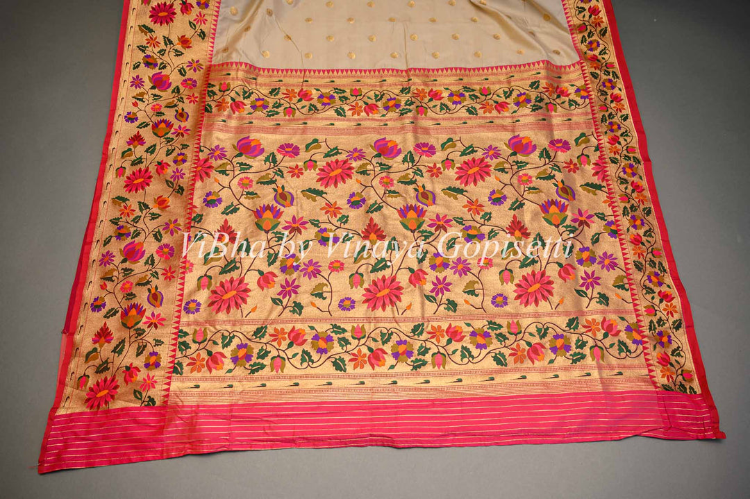 Butter Cream And Dark Pink Banarasi Katan Silk Saree And Blouse With Paithani Borders and Pallu