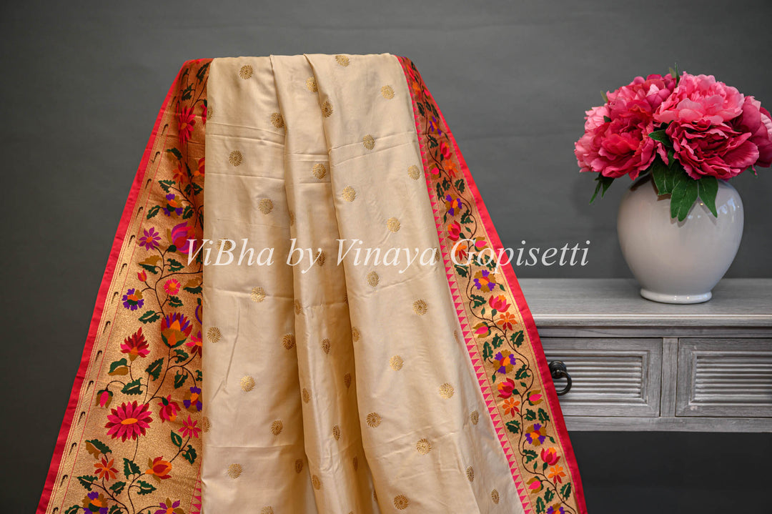 Butter Cream And Dark Pink Banarasi Katan Silk Saree And Blouse With Paithani Borders and Pallu