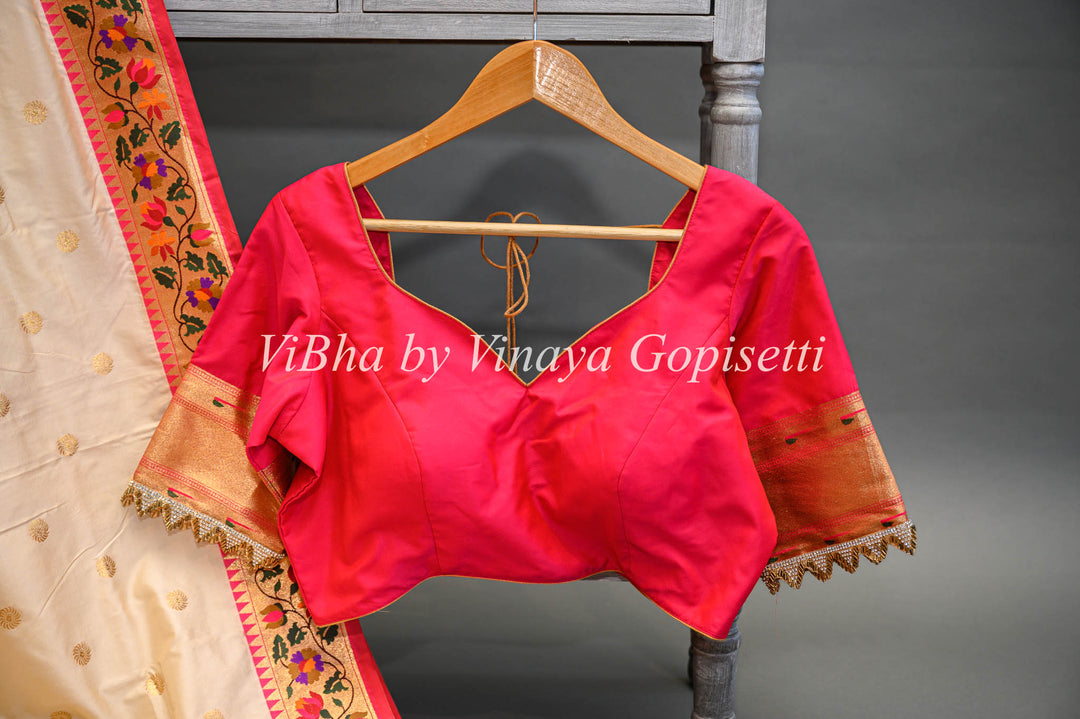 Butter Cream And Dark Pink Banarasi Katan Silk Saree And Blouse With Paithani Borders and Pallu