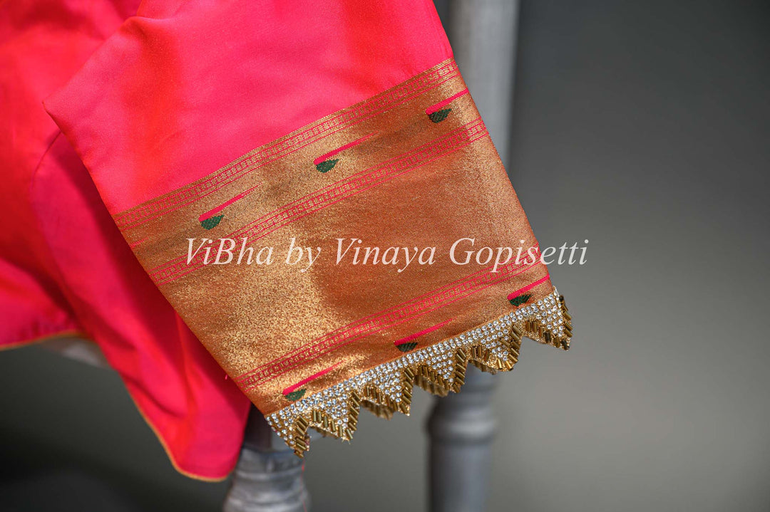 Butter Cream And Dark Pink Banarasi Katan Silk Saree And Blouse With Paithani Borders and Pallu