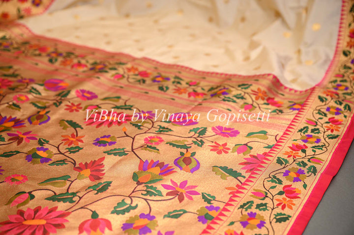 Butter Cream And Dark Pink Banarasi Katan Silk Saree And Blouse With Paithani Borders and Pallu