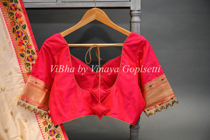 Butter Cream And Dark Pink Banarasi Katan Silk Saree And Blouse With Paithani Borders and Pallu